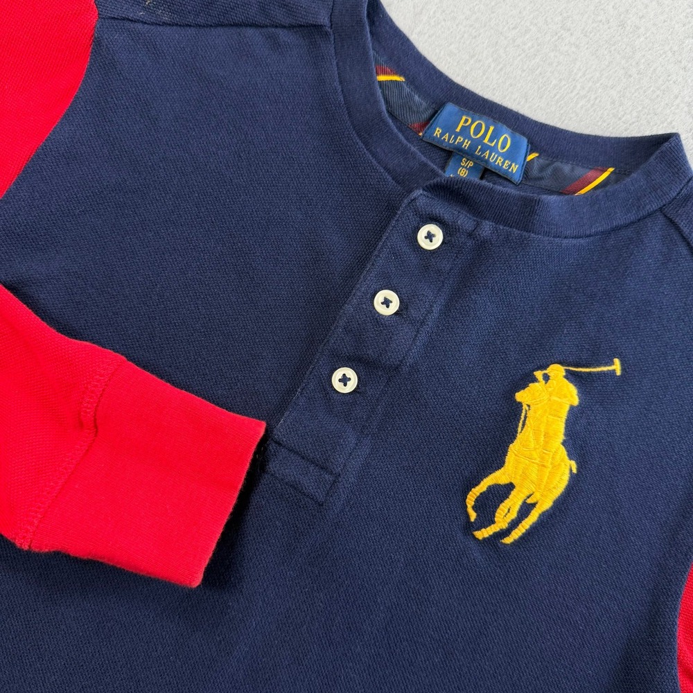 Polo Ralph Lauren Navy Red Henley Long Sleeve Shirt Boys 8 Yellow Big Pony Rugby